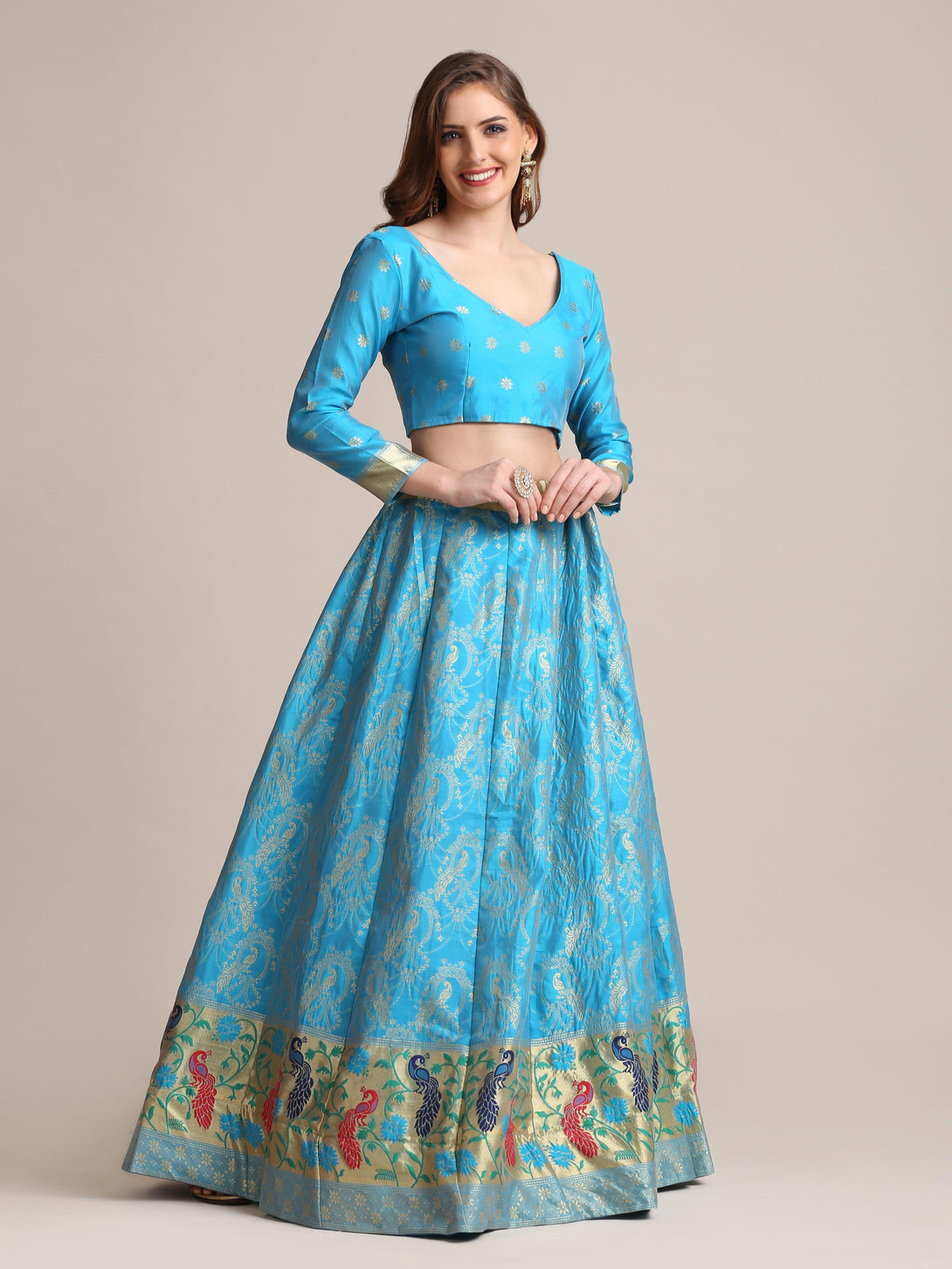 Light Blue Jacquard Silk Lehenga Choli with Gold Woven Work - Indiakreations