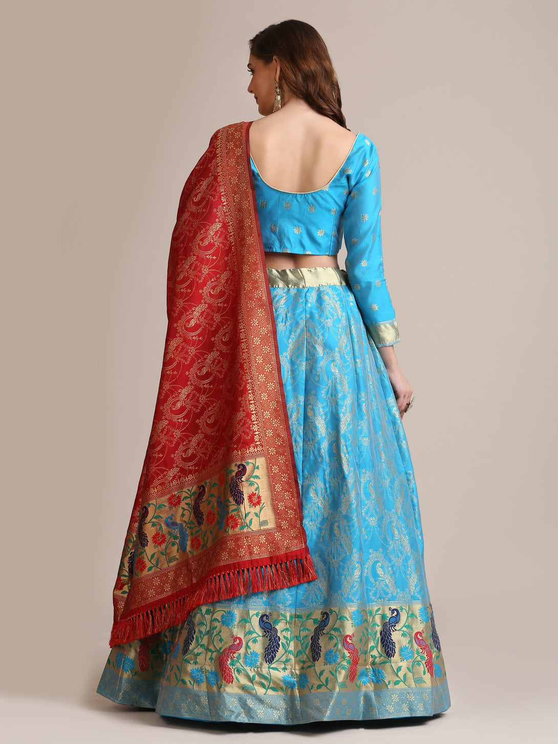 Light Blue Jacquard Silk Lehenga Choli with Gold Woven Work - Indiakreations