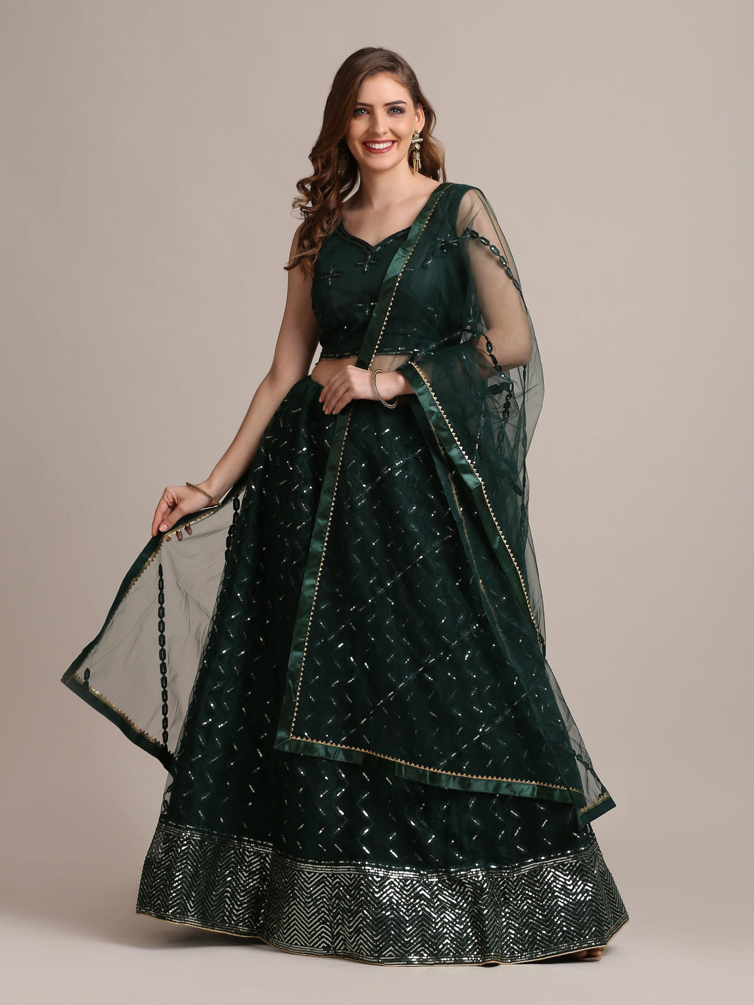 Green Net Lehenga Choli with Sequin Embroidery - Indiakreations