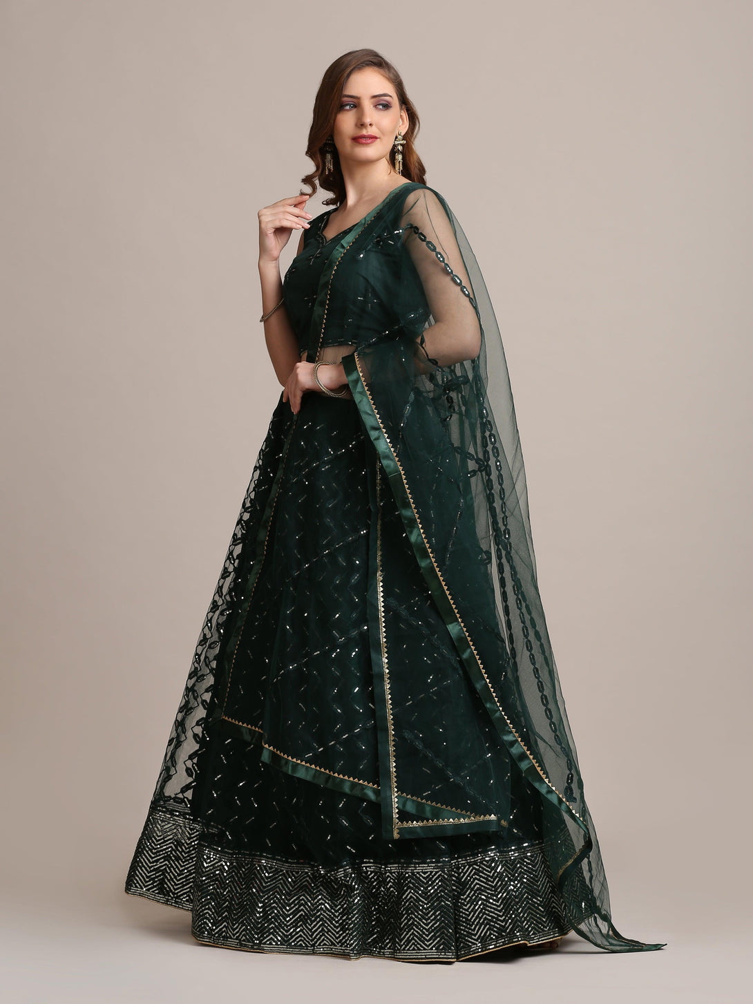 Green Net Lehenga Choli with Sequin Embroidery - Indiakreations