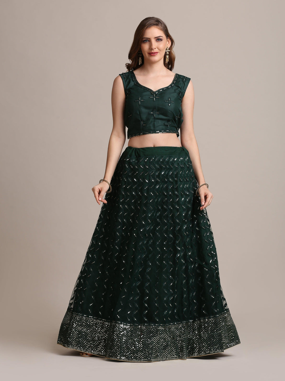 Green Net Lehenga Choli with Sequin Embroidery - Indiakreations