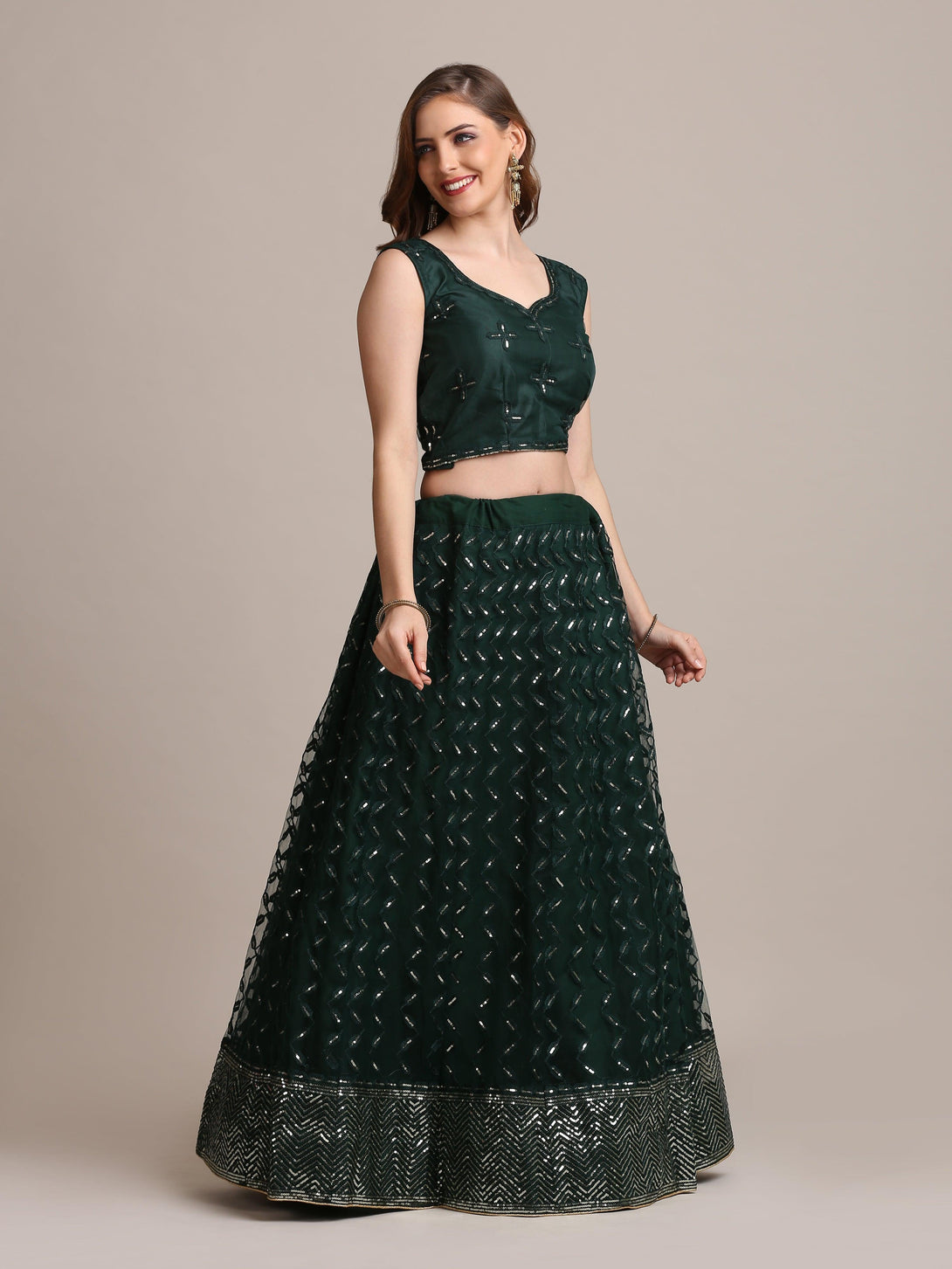 Green Net Lehenga Choli with Sequin Embroidery - Indiakreations