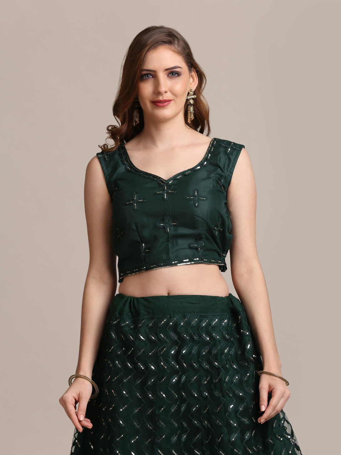 Green Net Lehenga Choli with Sequin Embroidery - Indiakreations