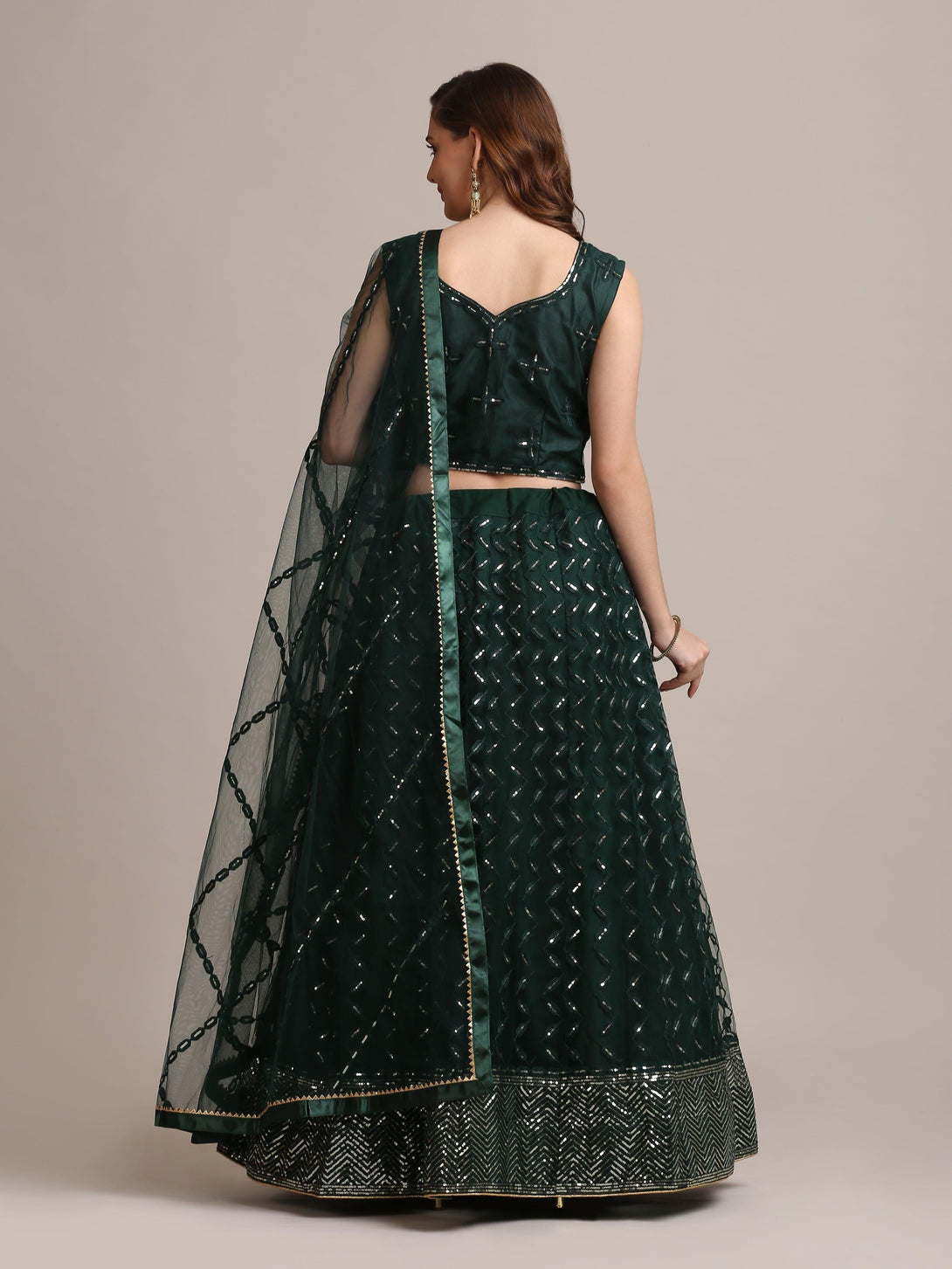 Green Net Lehenga Choli with Sequin Embroidery - Indiakreations