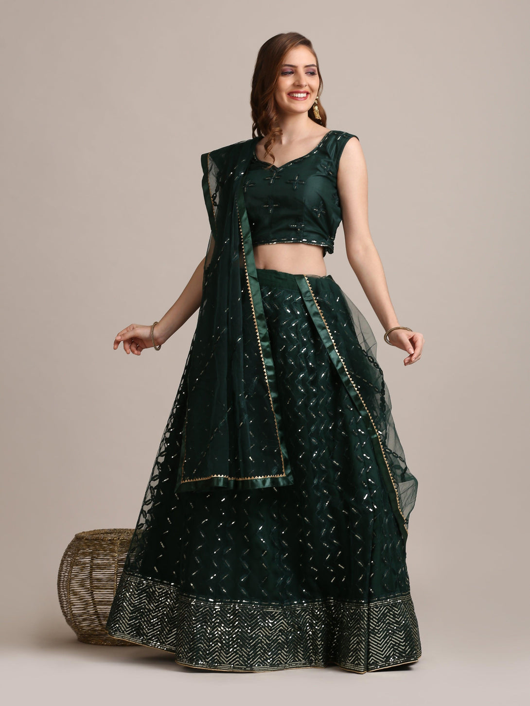 Green Net Lehenga Choli with Sequin Embroidery - Indiakreations