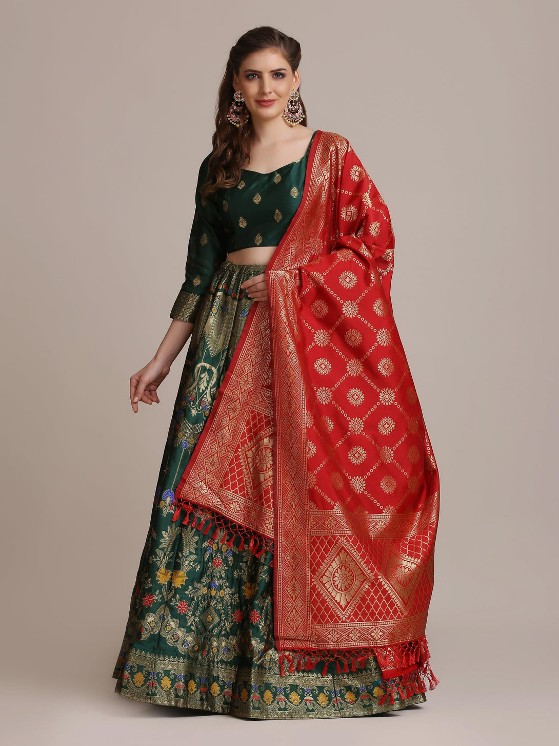 Green Jacquard Silk Lehenga Choli with Gold Woven Work - Indiakreations