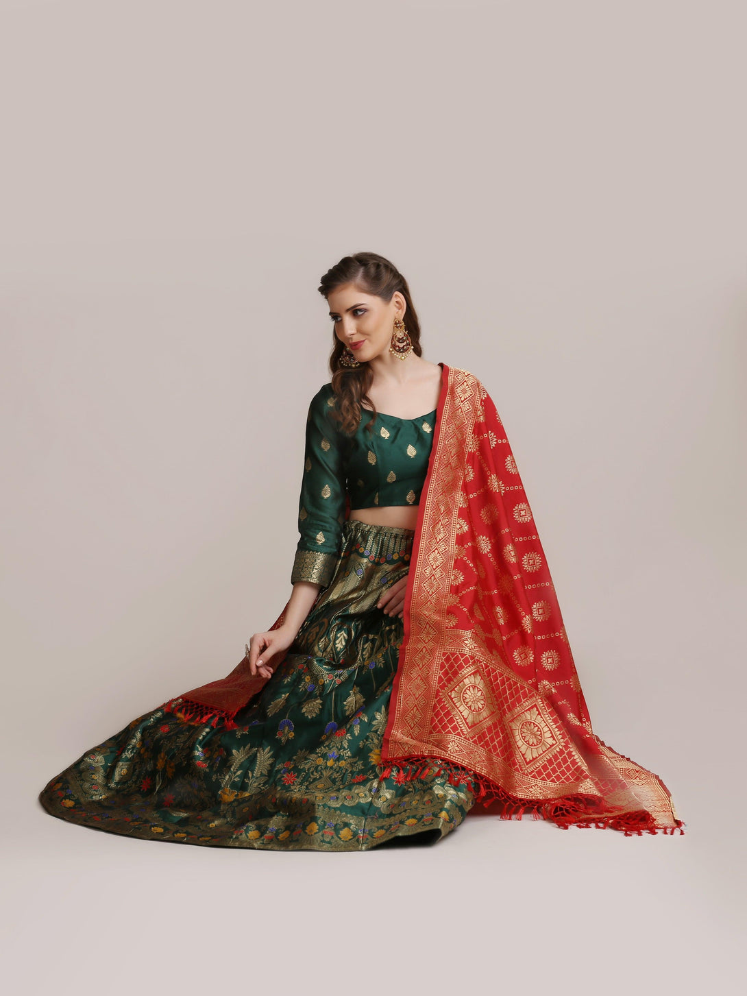 Green Jacquard Silk Lehenga Choli with Gold Woven Work - Indiakreations