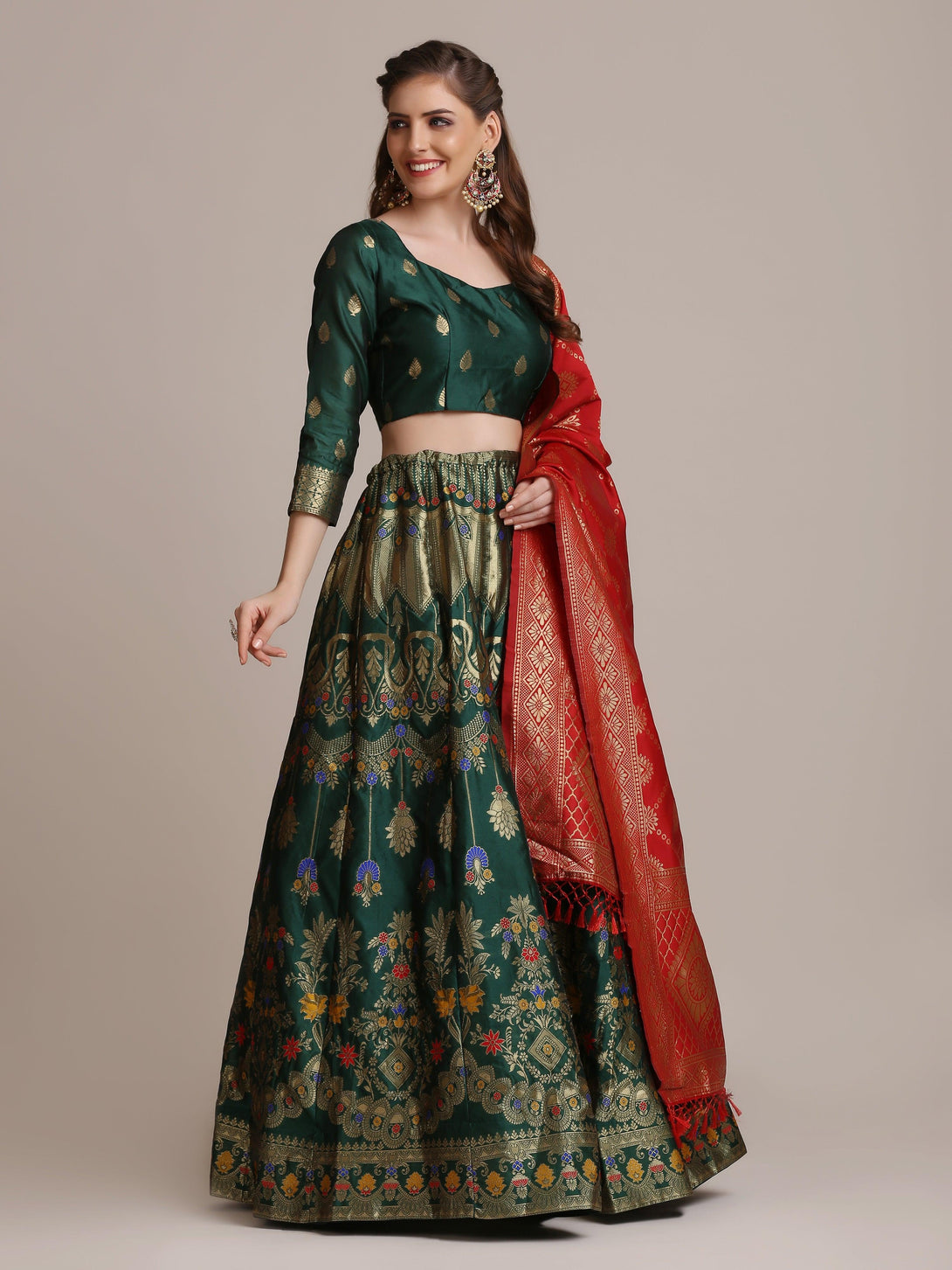 Green Jacquard Silk Lehenga Choli with Gold Woven Work - Indiakreations