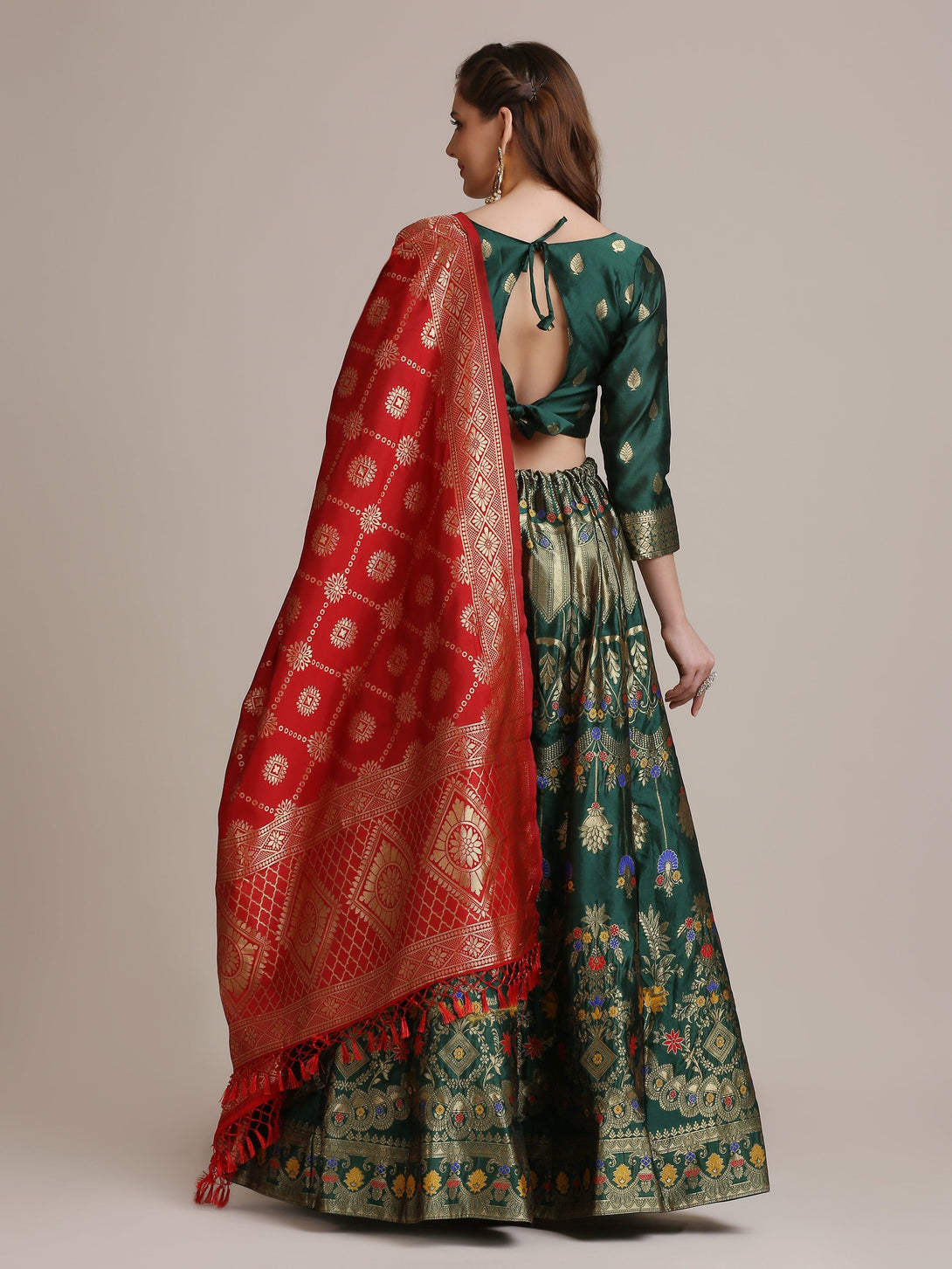 Green Jacquard Silk Lehenga Choli with Gold Woven Work - Indiakreations