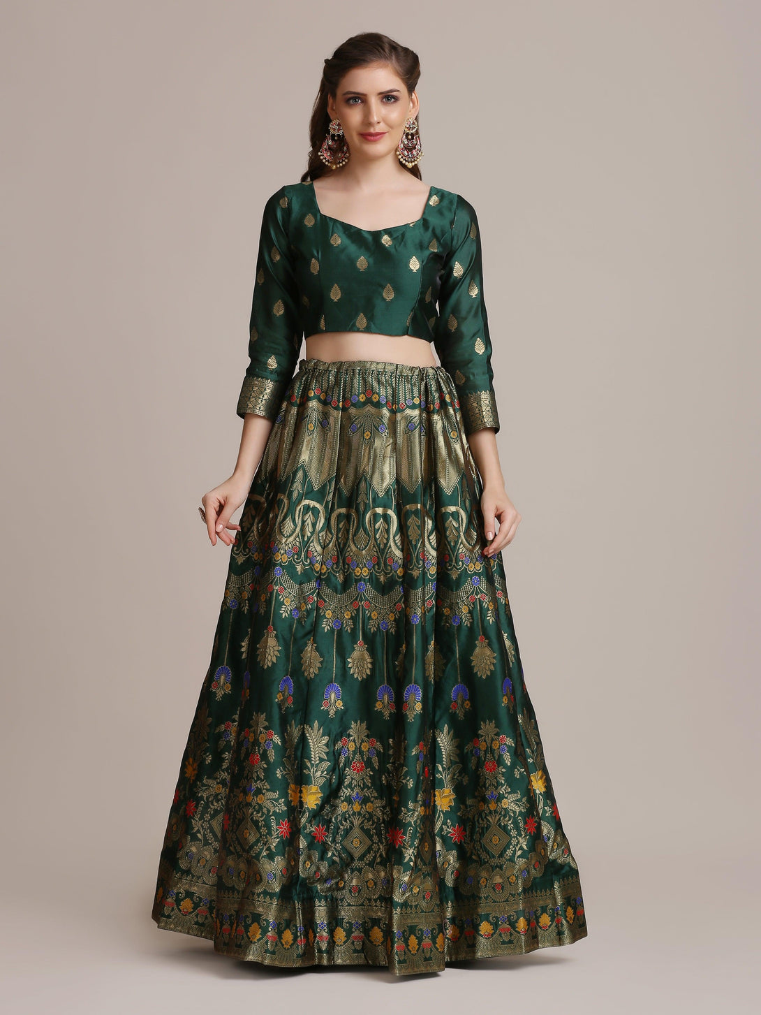 Green Jacquard Silk Lehenga Choli with Gold Woven Work - Indiakreations