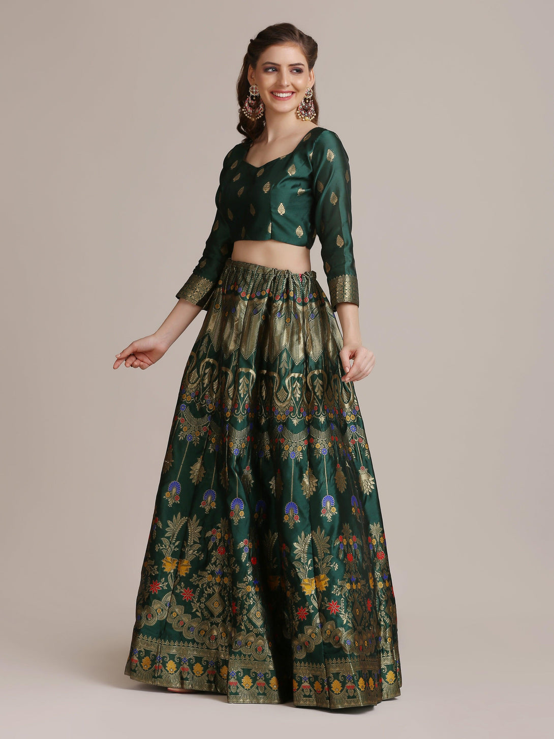 Green Jacquard Silk Lehenga Choli with Gold Woven Work - Indiakreations