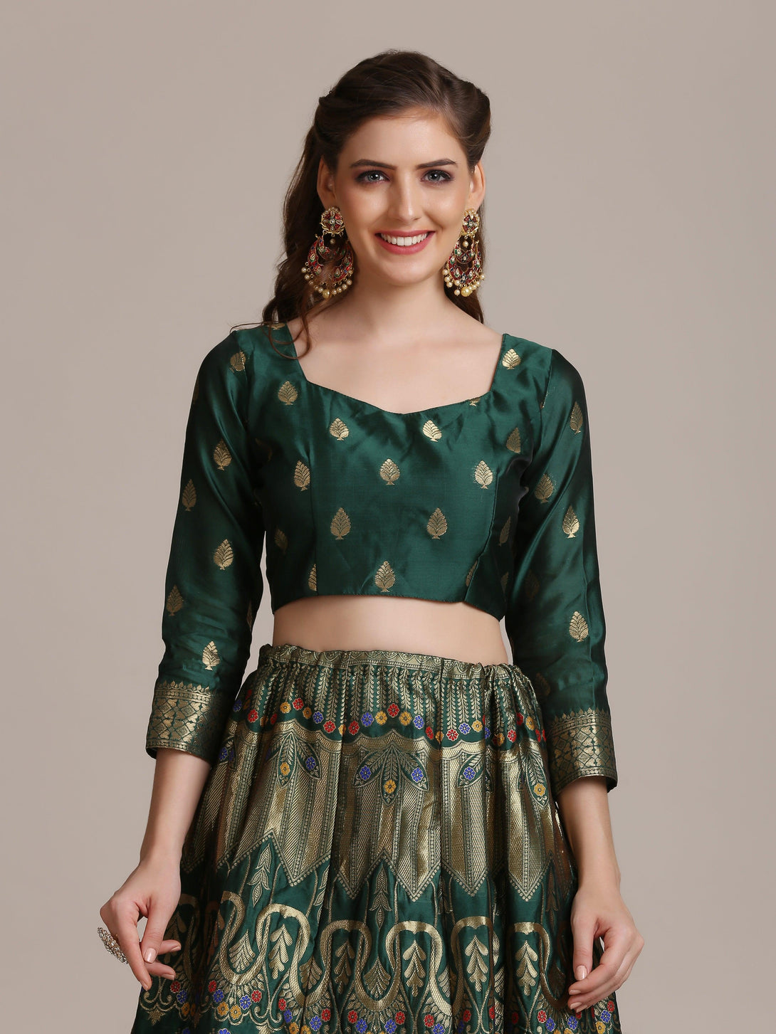 Green Jacquard Silk Lehenga Choli with Gold Woven Work - Indiakreations