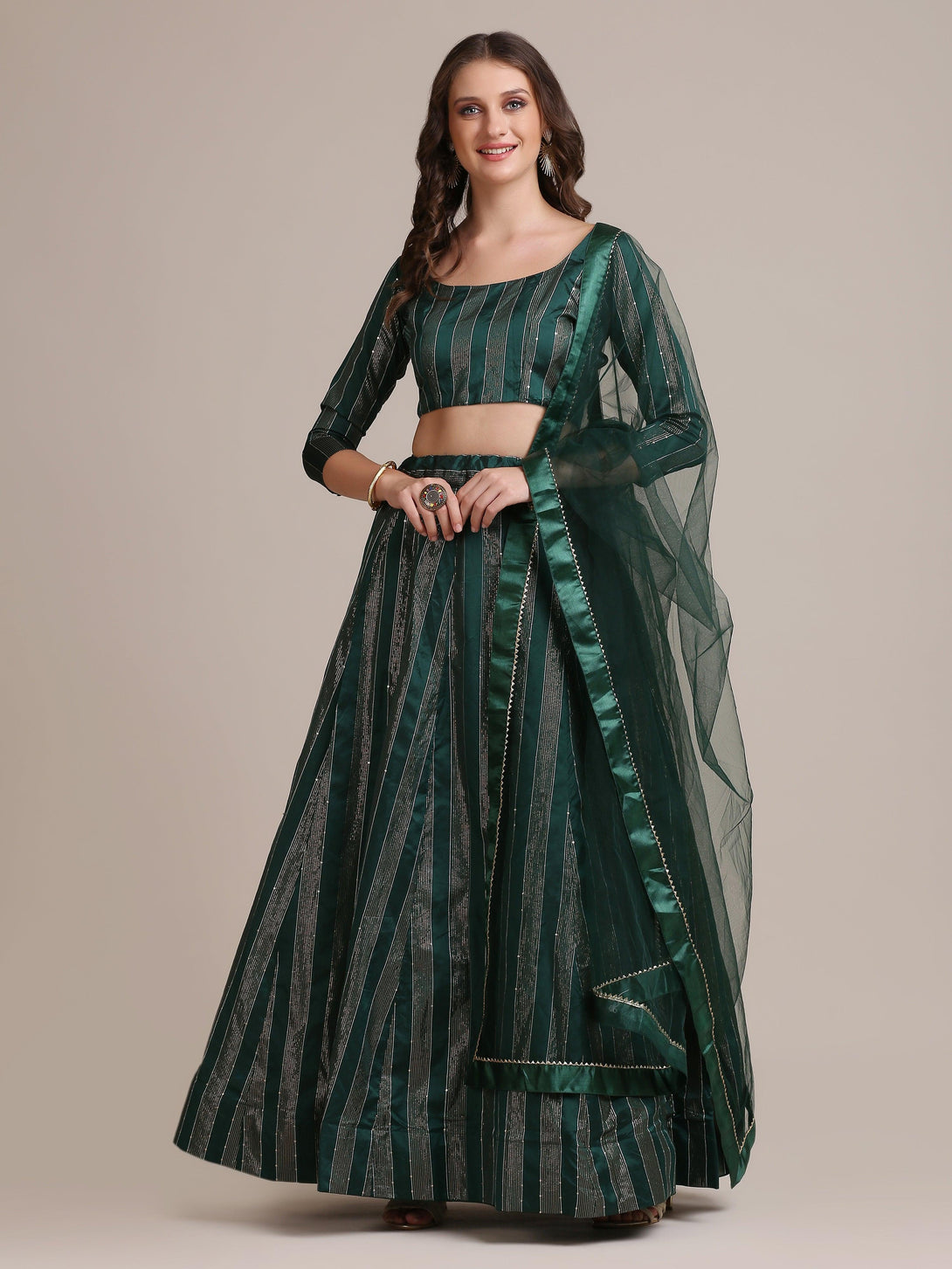 Green Jacquard Silk Lehenga Choli with Striped Zari Work - Indiakreations