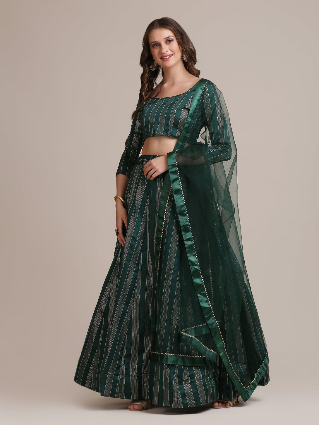 Green Jacquard Silk Lehenga Choli with Striped Zari Work - Indiakreations