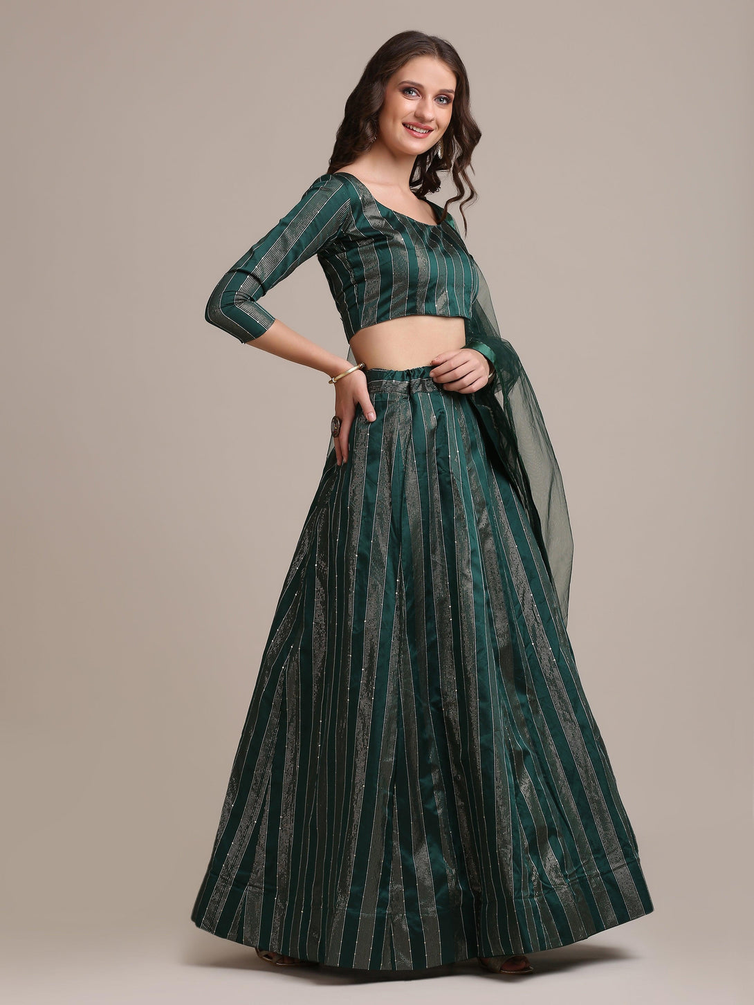 Green Jacquard Silk Lehenga Choli with Striped Zari Work - Indiakreations