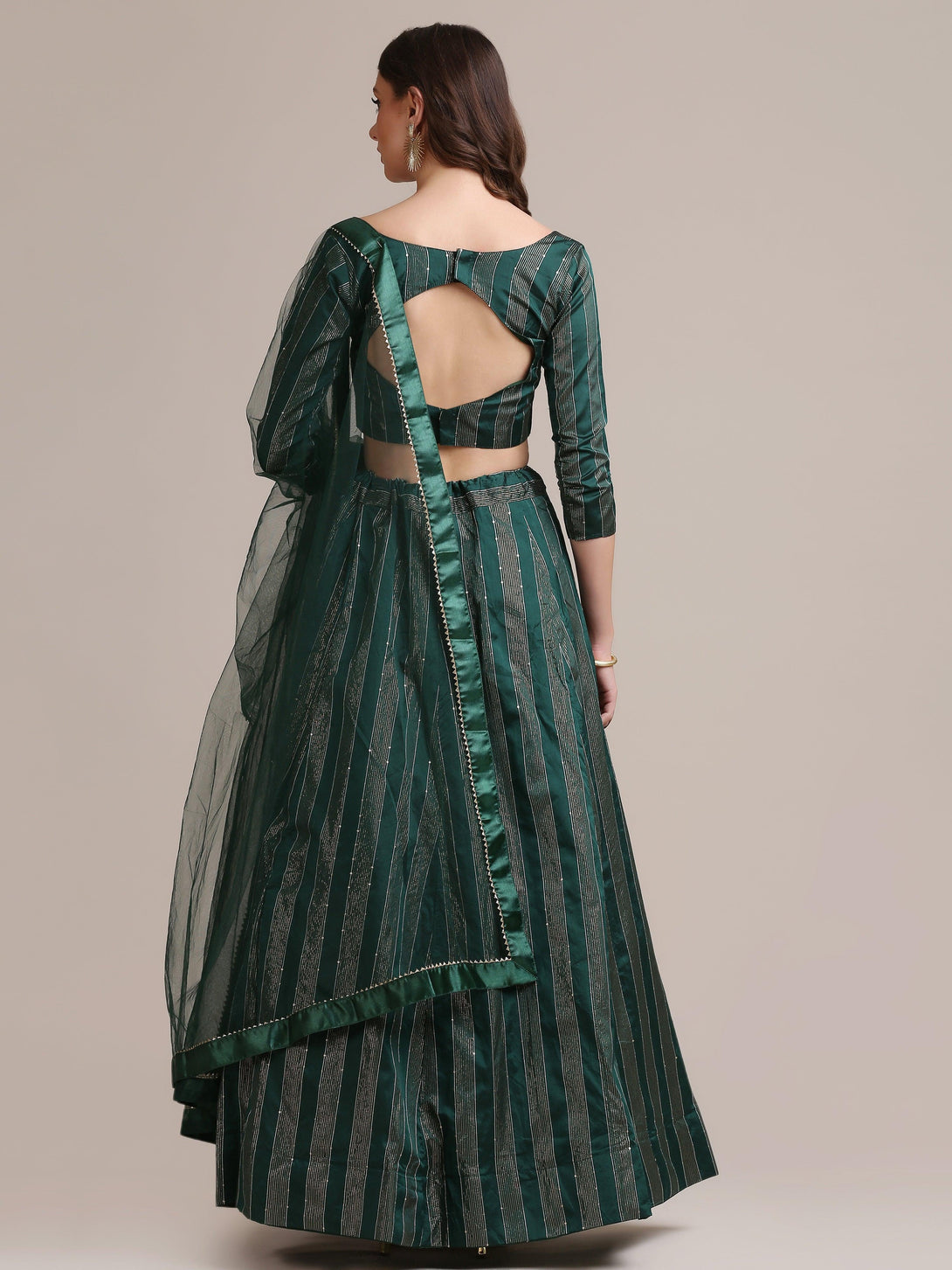 Green Jacquard Silk Lehenga Choli with Striped Zari Work - Indiakreations