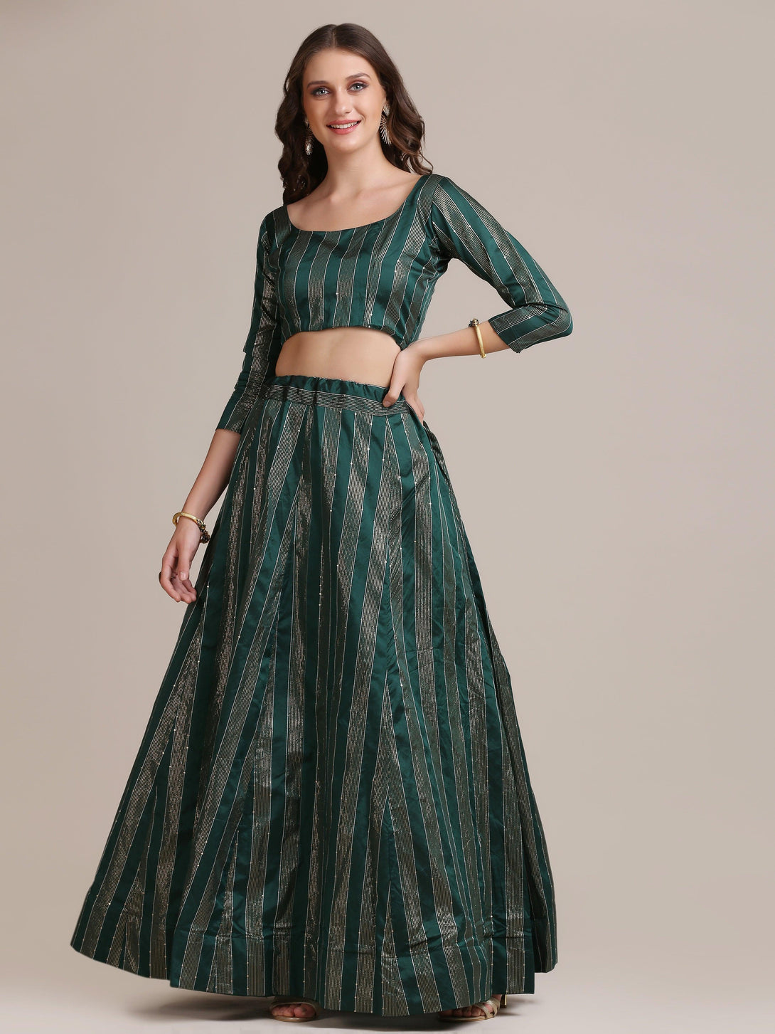 Green Jacquard Silk Lehenga Choli with Striped Zari Work - Indiakreations