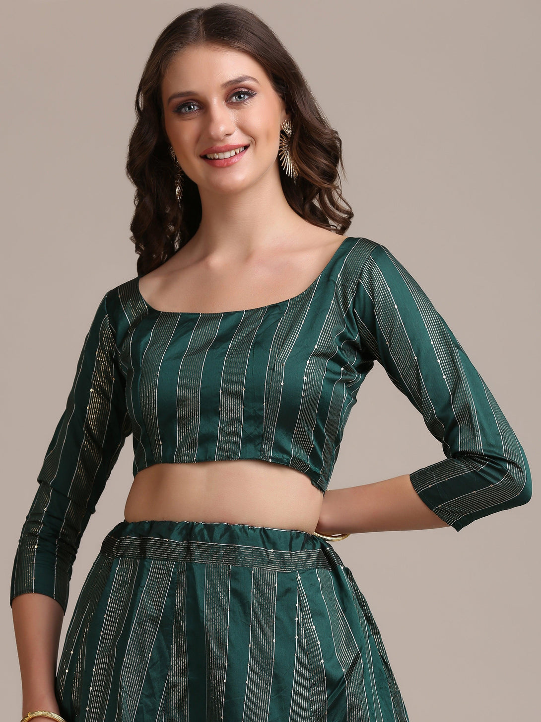 Green Jacquard Silk Lehenga Choli with Striped Zari Work - Indiakreations