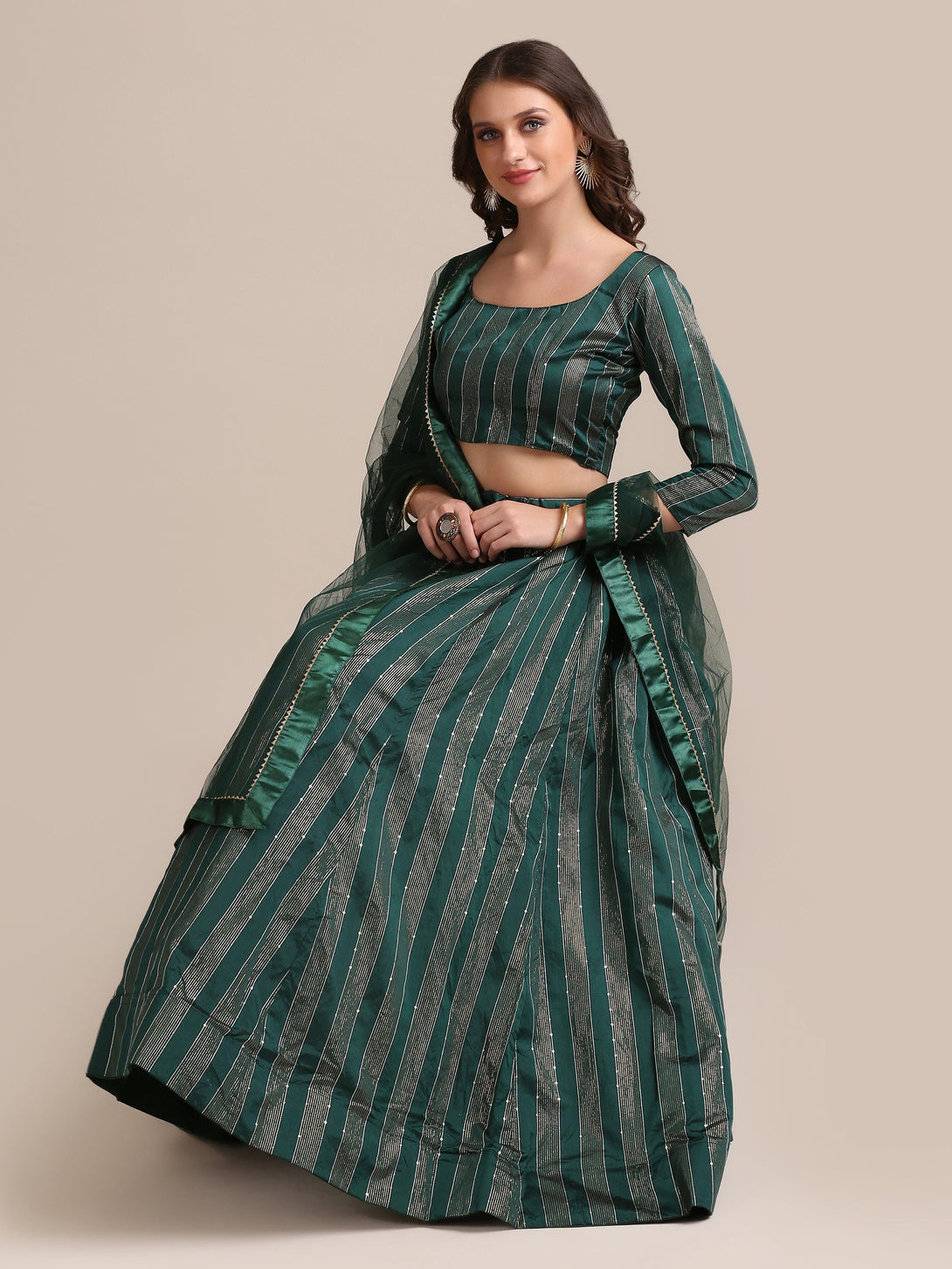 Green Jacquard Silk Lehenga Choli with Striped Zari Work - Indiakreations