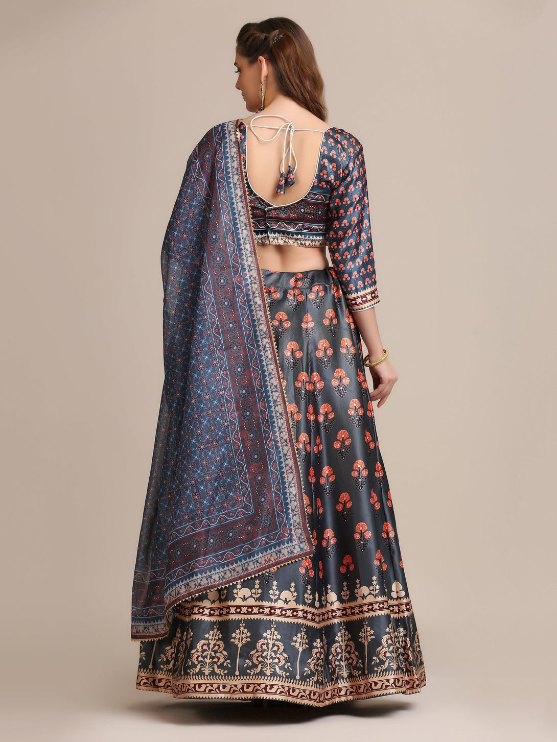 Grey Jacquard Silk Floral Print Lehenga Choli - Indiakreations