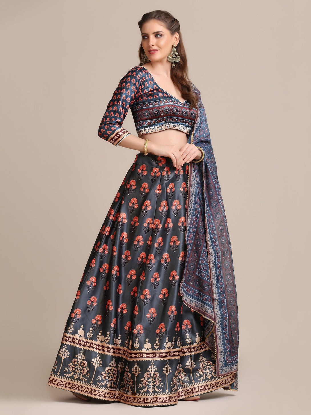 Grey Jacquard Silk Floral Print Lehenga Choli - Indiakreations