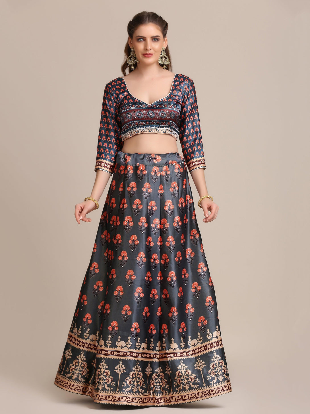 Grey Jacquard Silk Floral Print Lehenga Choli - Indiakreations