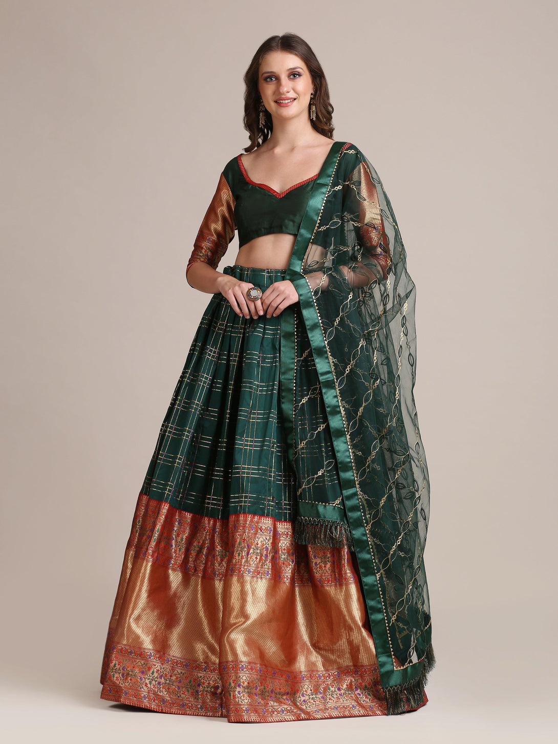 Green Jacquard Silk Lehenga Choli with Gota Zari - Indiakreations