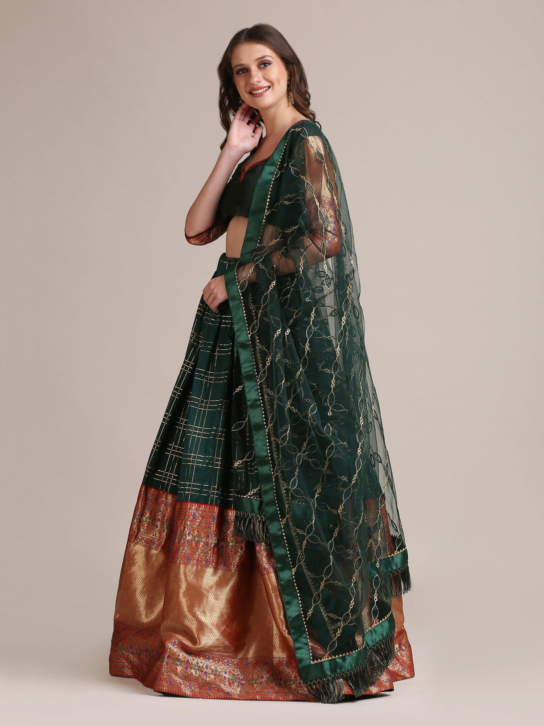 Green Jacquard Silk Lehenga Choli with Gota Zari - Indiakreations