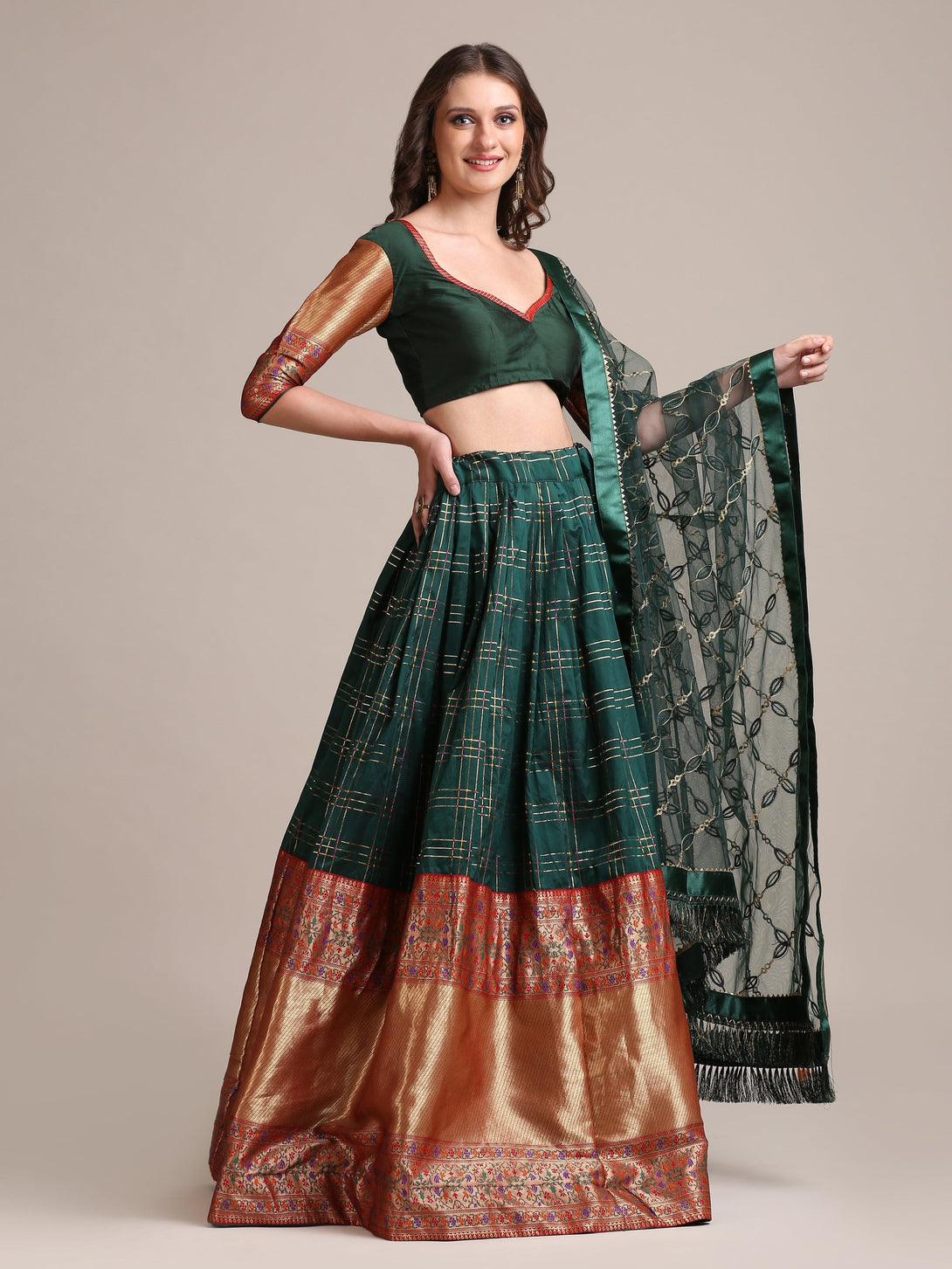 Green Jacquard Silk Lehenga Choli with Gota Zari - Indiakreations