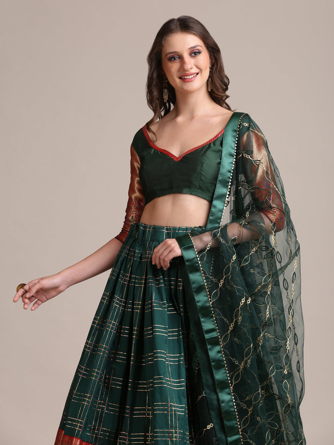 Green Jacquard Silk Lehenga Choli with Gota Zari - Indiakreations