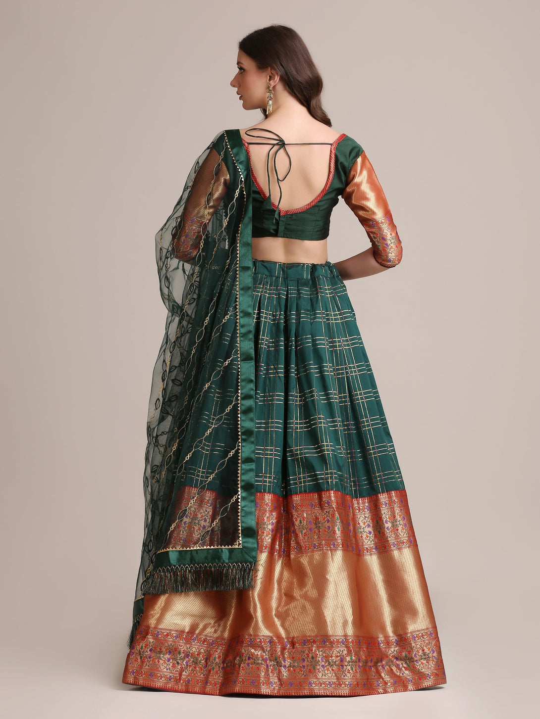 Green Jacquard Silk Lehenga Choli with Gota Zari - Indiakreations