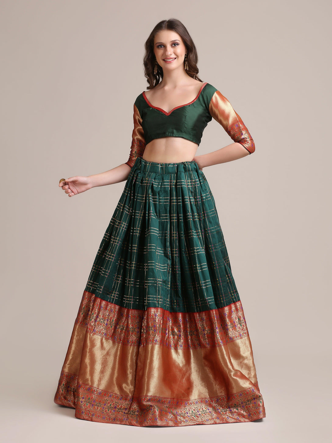 Green Jacquard Silk Lehenga Choli with Gota Zari - Indiakreations