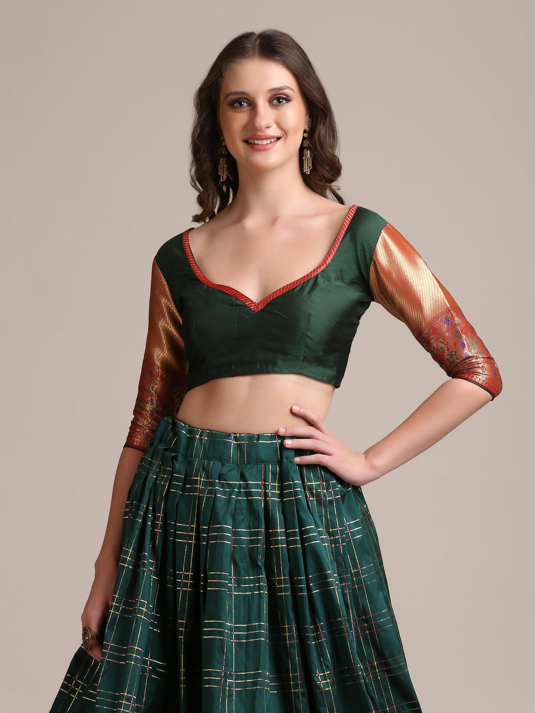 Green Jacquard Silk Lehenga Choli with Gota Zari - Indiakreations