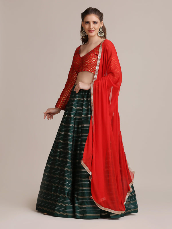 Gold Woven Red and Green Jacquard Silk Lehenga Choli - Indiakreations