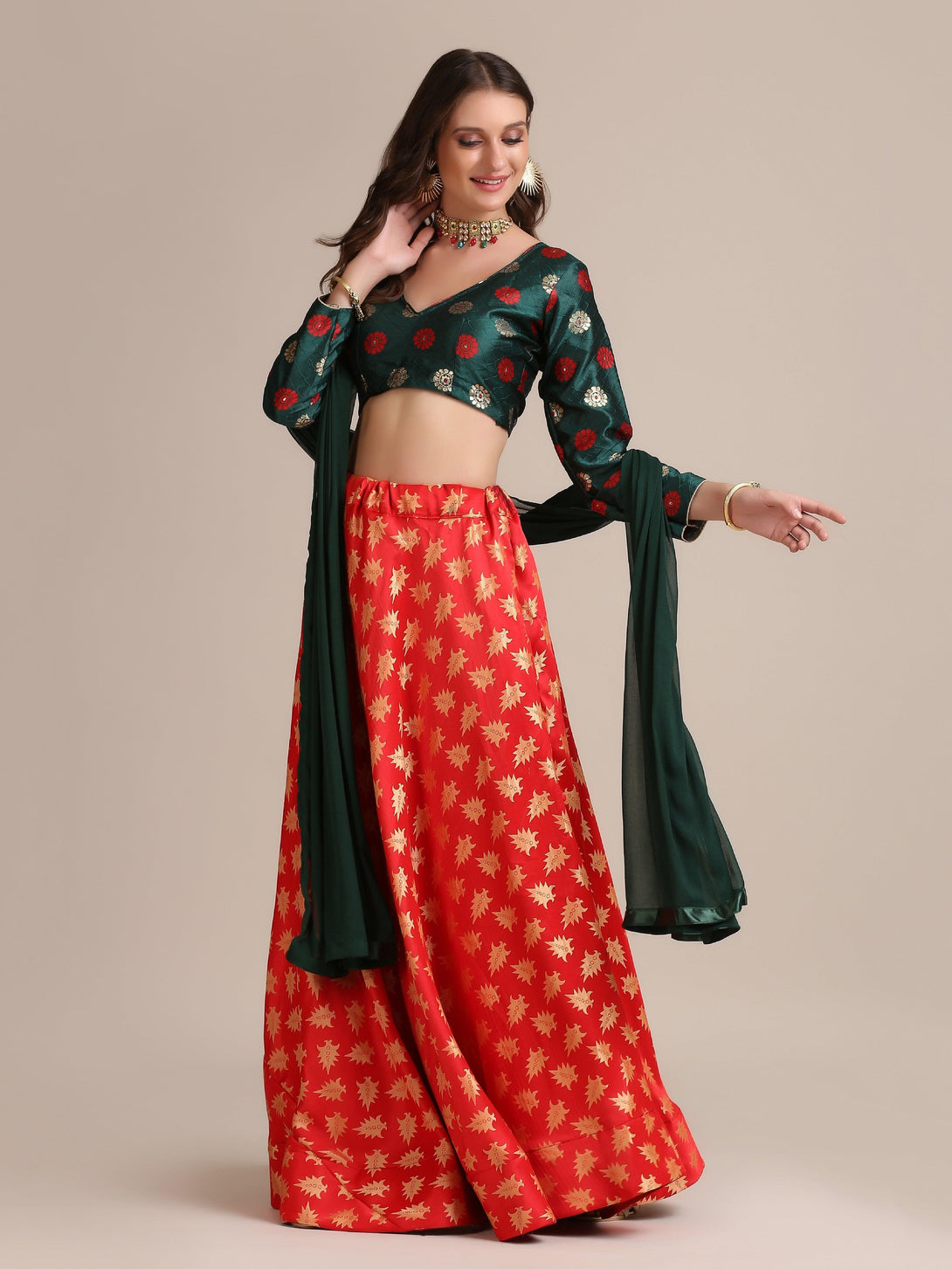 Gold Woven Green and Red Jacquard Silk Lehenga Choli - Indiakreations
