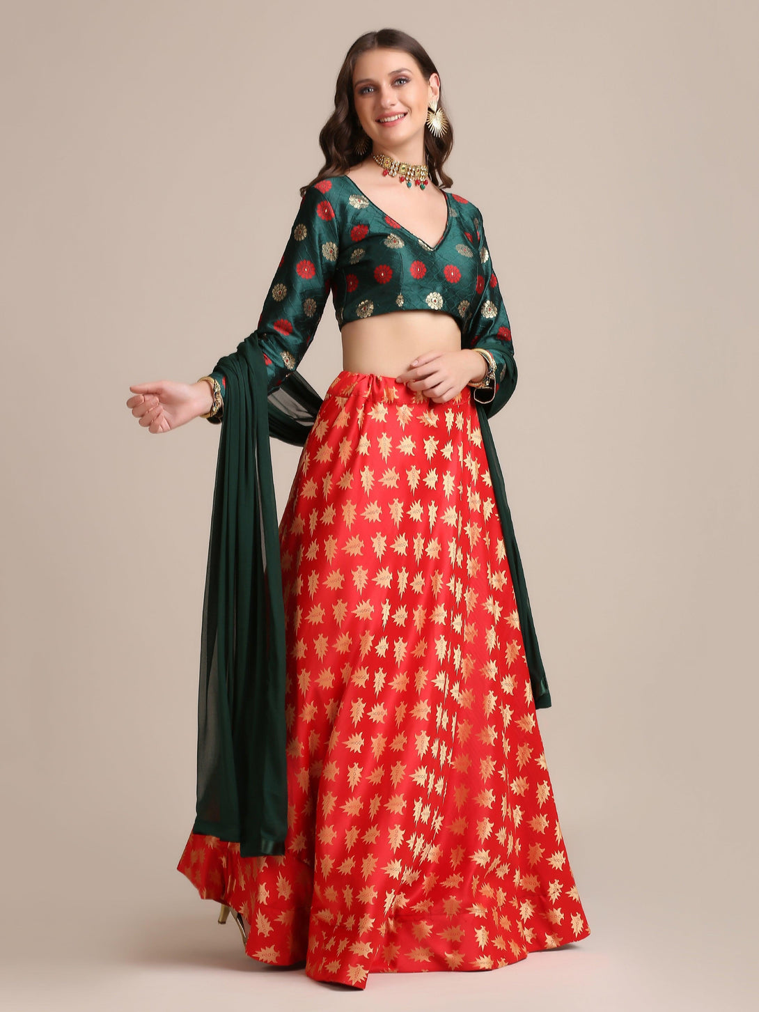 Gold Woven Green and Red Jacquard Silk Lehenga Choli - Indiakreations