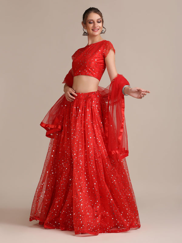 Semi-Stitched Red Heavy Net Lehenga Choli with Sequins - Indiakreations