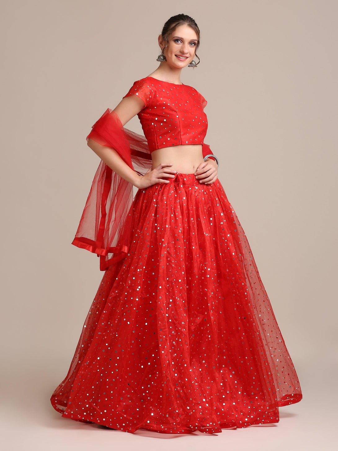 Semi-Stitched Red Heavy Net Lehenga Choli with Sequins - Indiakreations