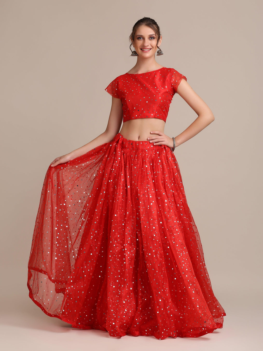 Semi-Stitched Red Heavy Net Lehenga Choli with Sequins - Indiakreations