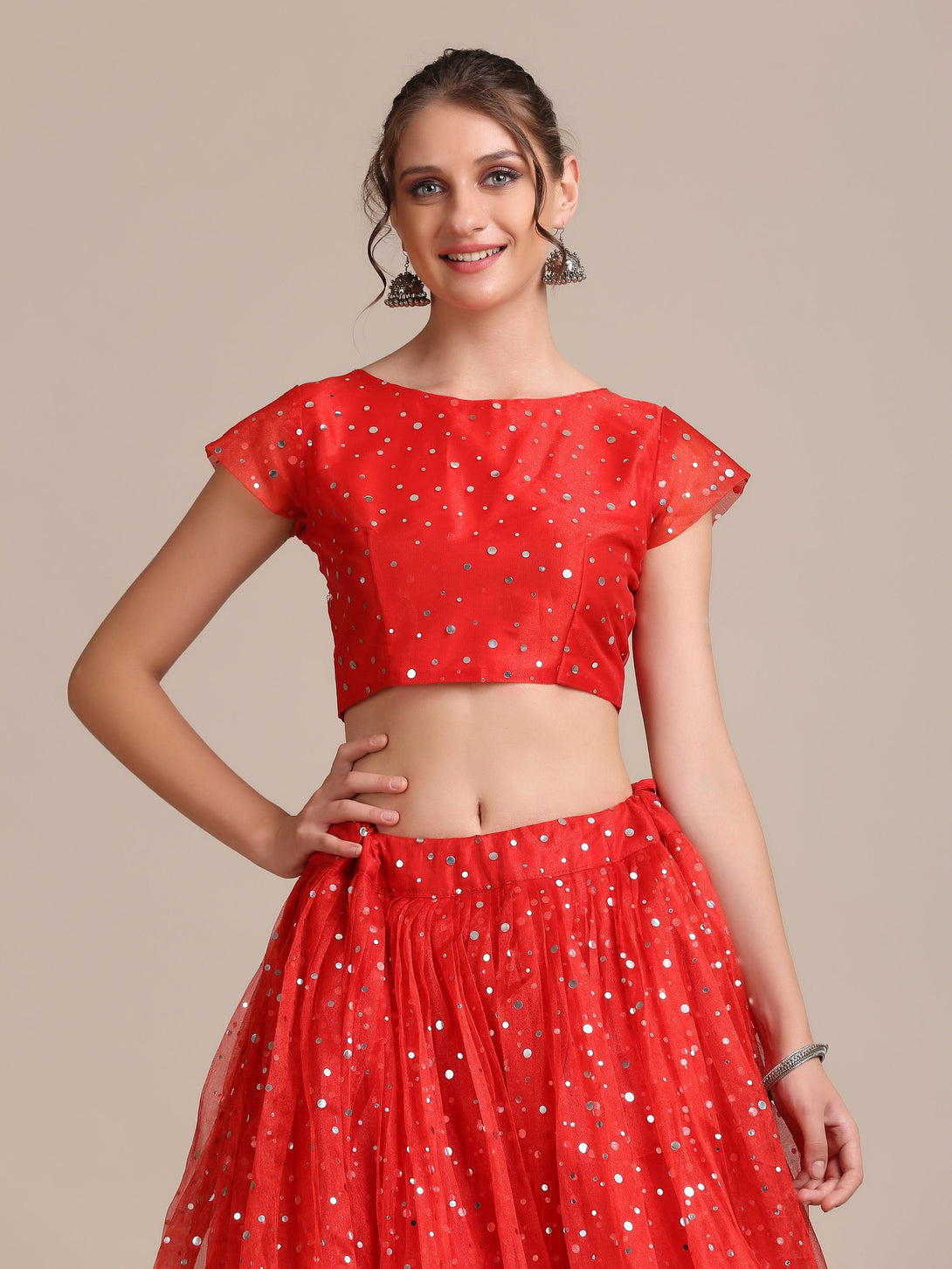 Semi-Stitched Red Heavy Net Lehenga Choli with Sequins - Indiakreations