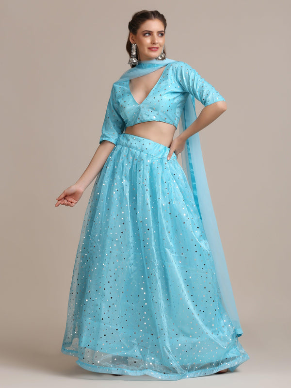 Light Blue Heavy Net Lehenga Choli with Sequins - Indiakreations