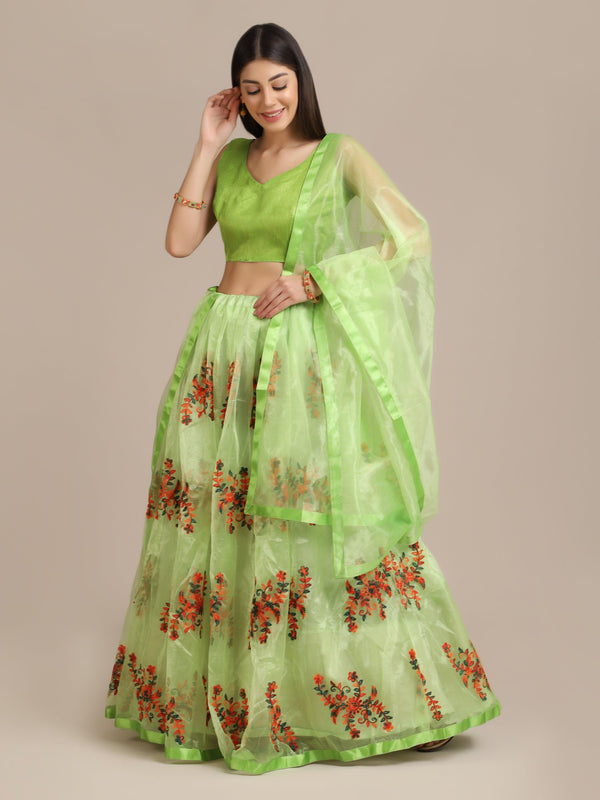 Light Green Heavy Net Lehenga Choli Semi-Stitched - Indiakreations