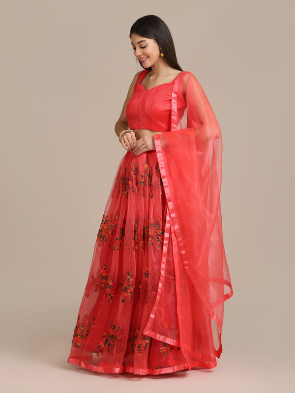 Semi-Stitched Red Heavy Net Lehenga Choli with Floral Patches - Indiakreations