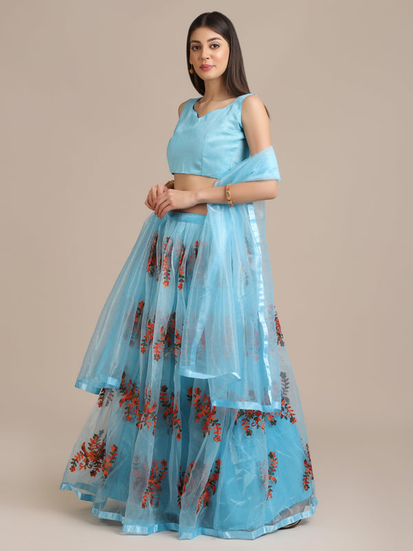 Sky Blue Heavy Net Lehenga Choli with Floral Patches - Indiakreations