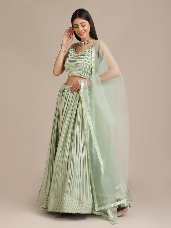 Light Green Pleated Solid Lehenga Choli - Indiakreations