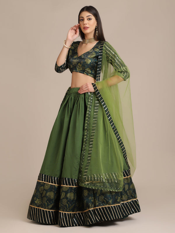 Mehendi Floral Print Taffeta Silk Lehenga Choli - Indiakreations