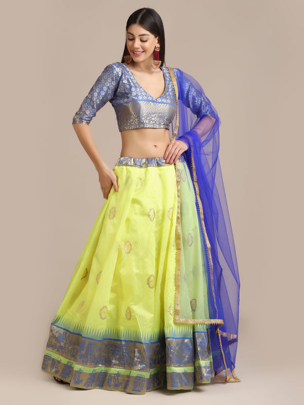 Light Green Gold Woven Jacquard Silk Lehenga Choli - Indiakreations