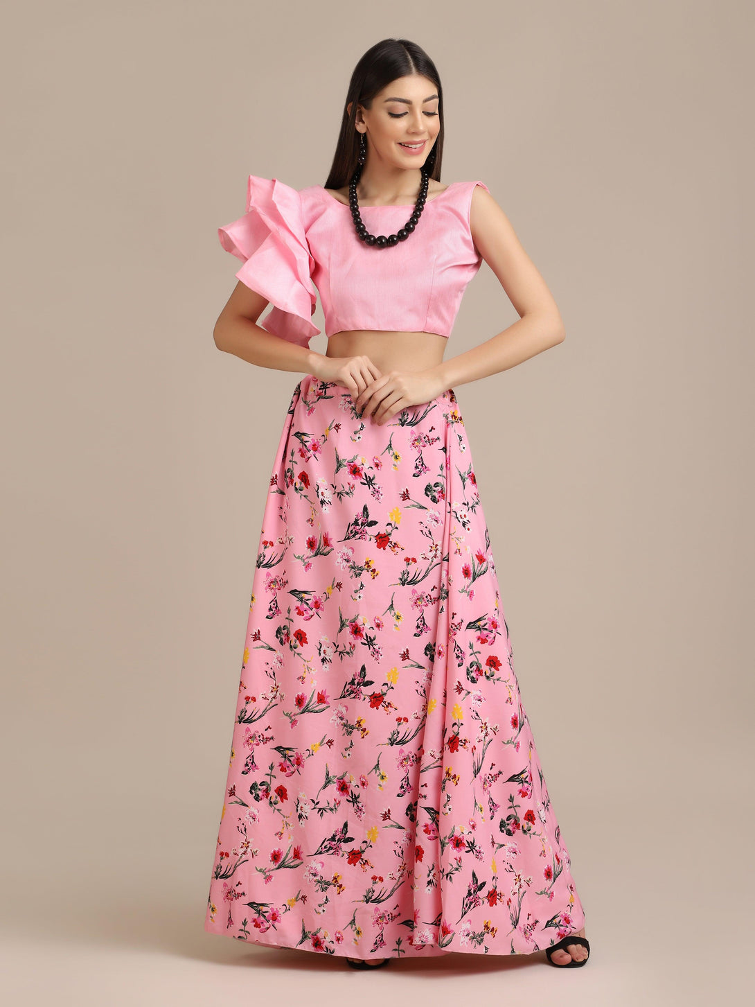 Pink Floral Print Lehenga with Ruffled Blouse - Indiakreations