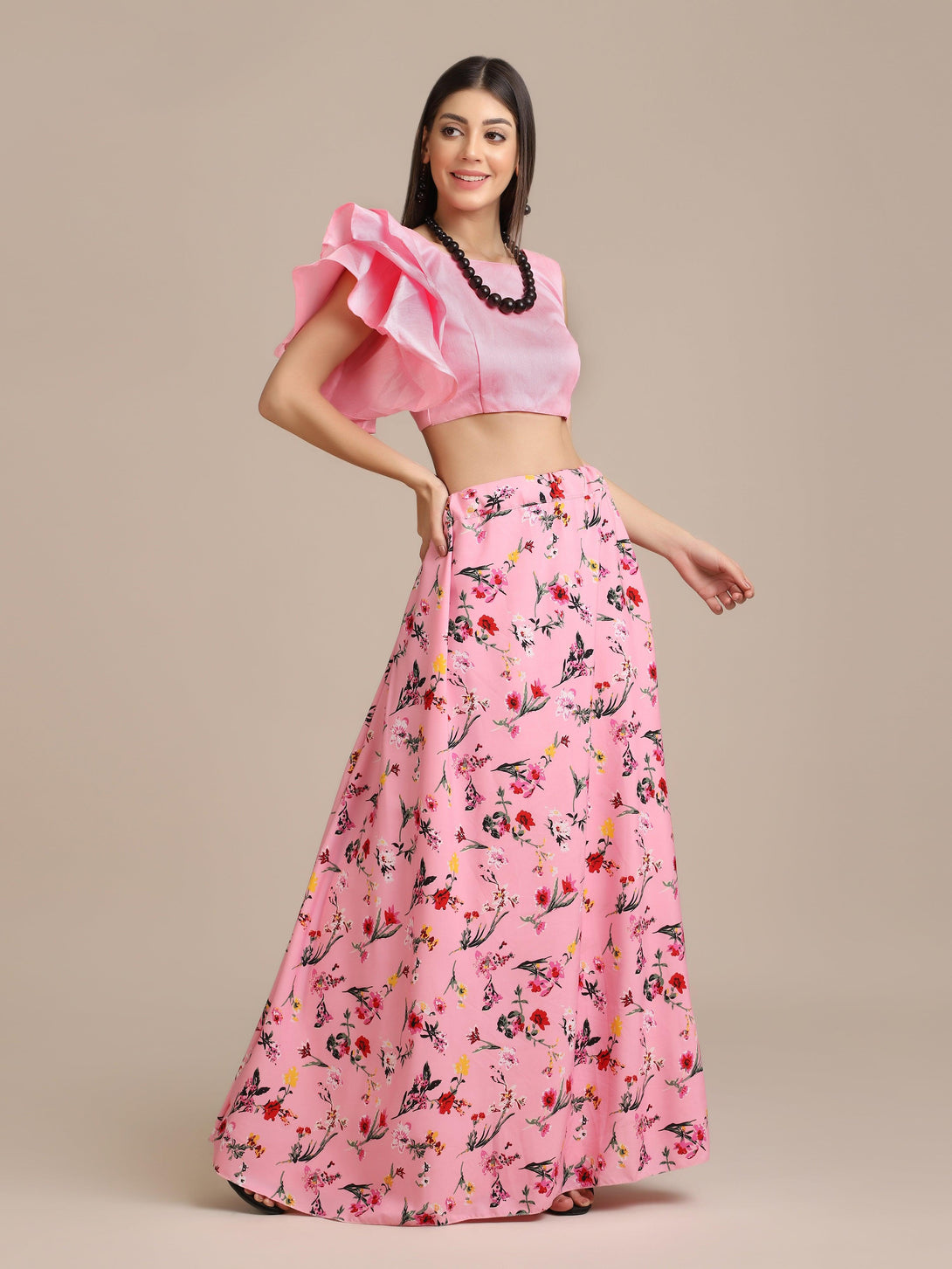 Pink Floral Print Lehenga with Ruffled Blouse - Indiakreations