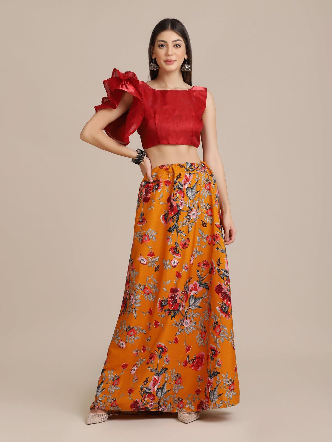 Yellow Floral Print Lehenga with Ruffled Blouse - Indiakreations